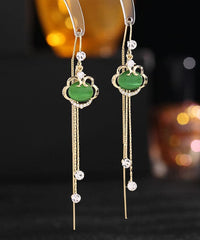 Handmade Green Gem Stone Auspicious Clouds Copper Drop Earrings Jew-EAR220805
