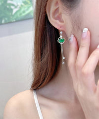 Handmade Green Gem Stone Auspicious Clouds Copper Drop Earrings Jew-EAR220805