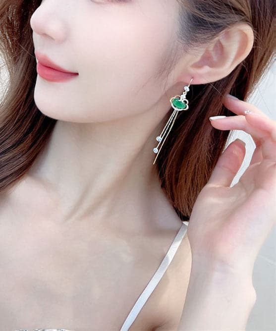 Handmade Green Gem Stone Auspicious Clouds Copper Drop Earrings Jew-EAR220805