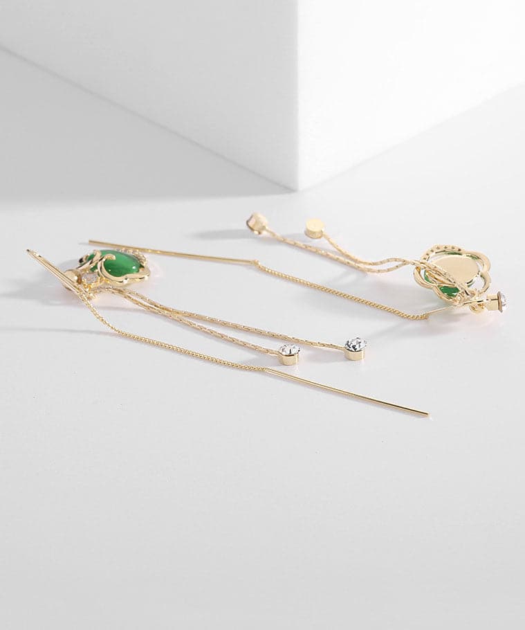 Handmade Green Gem Stone Auspicious Clouds Copper Drop Earrings Jew-EAR220805