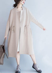 Handmade beige Fashion tunic coats design Notched drawstring fall women coats TCT201026