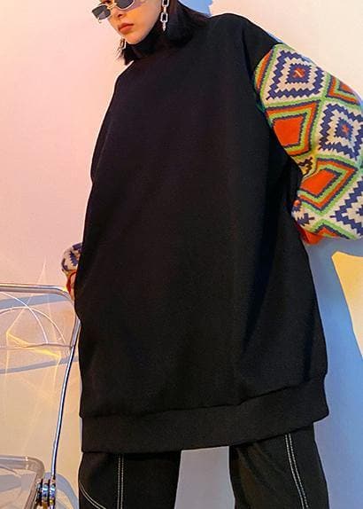 Handmade black patchwork clothes high neck Art spring tops AT-LTP201228