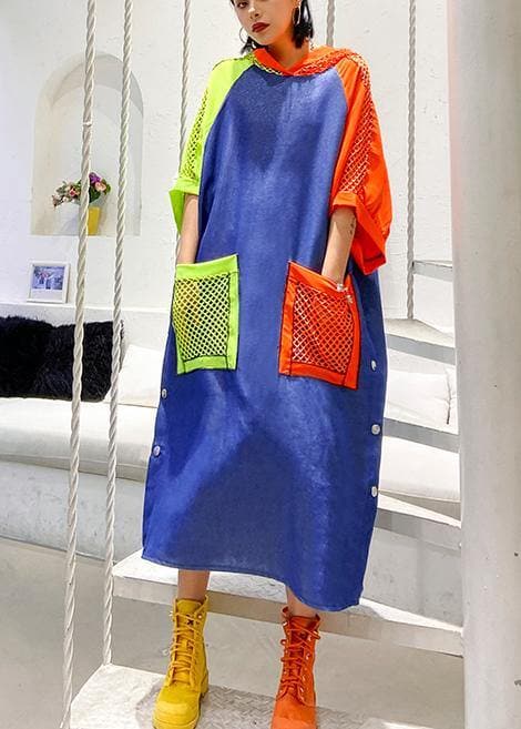 Handmade blue cotton clothes hooded pockets Plus Size summer Dress AT-SDL200508