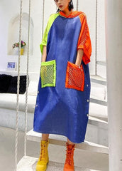 Handmade blue cotton clothes hooded pockets Plus Size summer Dress AT-SDL200508