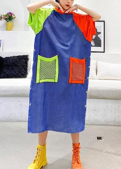 Handmade blue cotton clothes hooded pockets Plus Size summer Dress AT-SDL200508