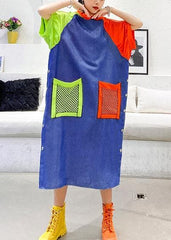 Handmade blue cotton clothes hooded pockets Plus Size summer Dress AT-SDL200508