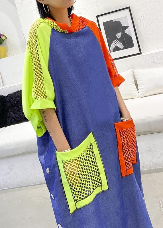 Handmade blue cotton clothes hooded pockets Plus Size summer Dress AT-SDL200508