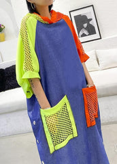 Handmade blue cotton clothes hooded pockets Plus Size summer Dress AT-SDL200508