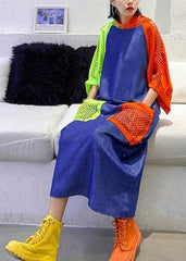 Handmade blue cotton clothes hooded pockets Plus Size summer Dress AT-SDL200508