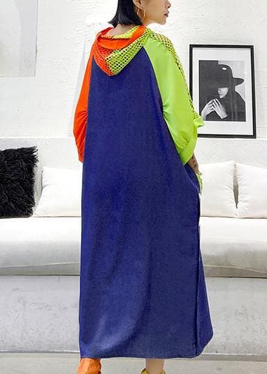 Handmade blue cotton clothes hooded pockets Plus Size summer Dress AT-SDL200508