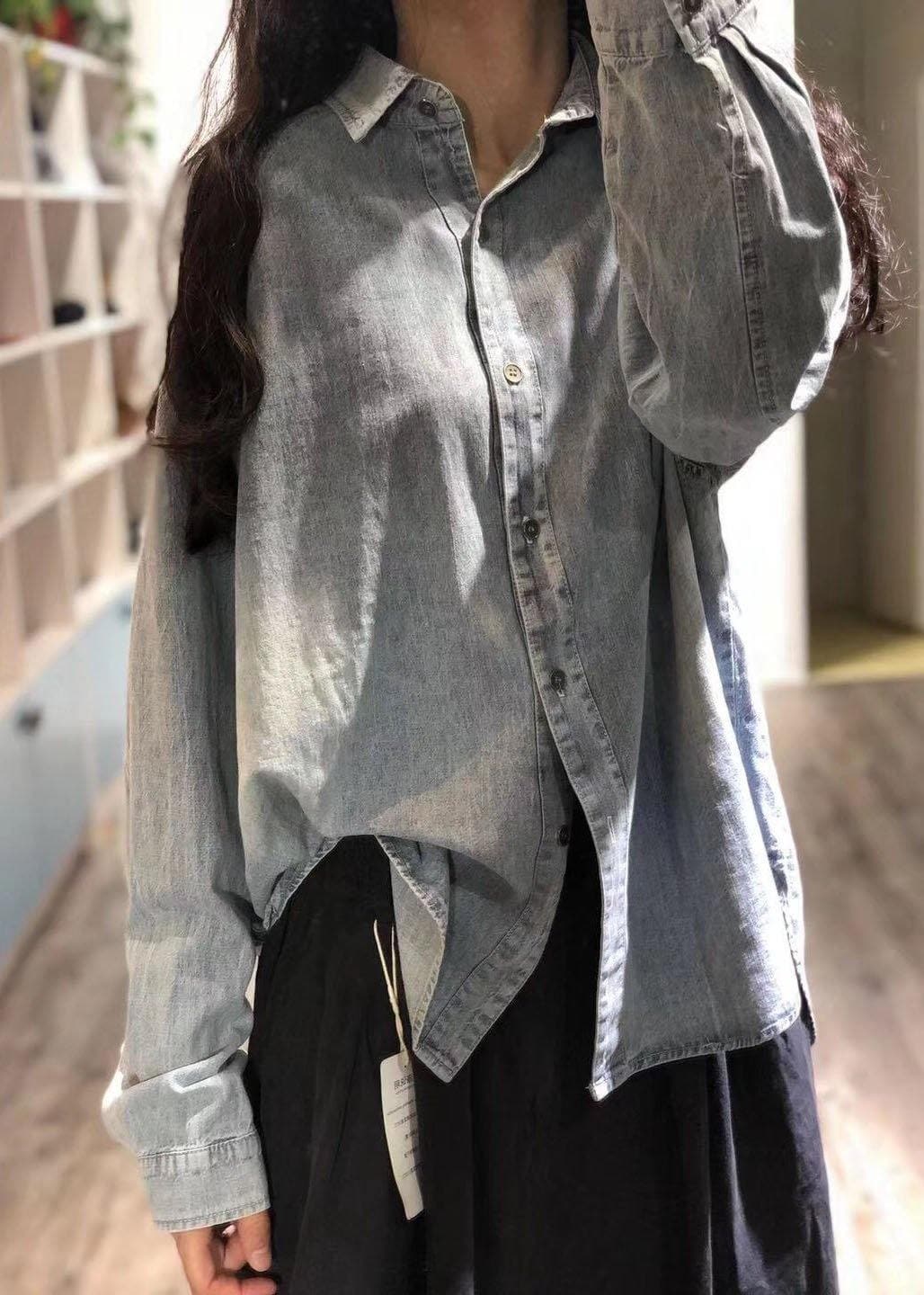 Handmade denim blue linen box top lapel collar Plus Size Clothing fall top LTP190815