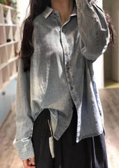 Handmade denim blue linen box top lapel collar Plus Size Clothing fall top LTP190815