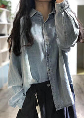 Handmade denim blue linen box top lapel collar Plus Size Clothing fall top LTP190815