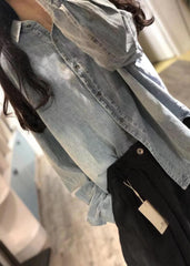 Handmade denim blue linen box top lapel collar Plus Size Clothing fall top LTP190815