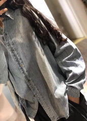 Handmade denim blue linen box top lapel collar Plus Size Clothing fall top LTP190815