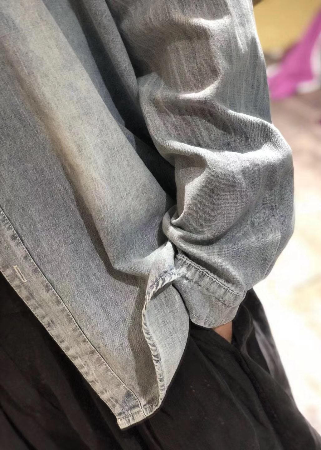 Handmade denim blue linen box top lapel collar Plus Size Clothing fall top LTP190815