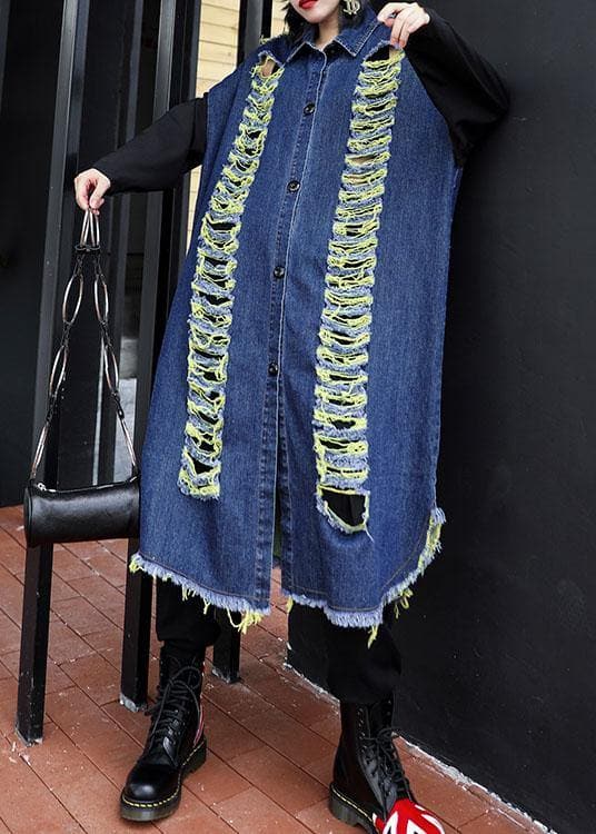 Handmade denim blue patchwork sleeve fine coats women Photography Hollow Out fall coats AT-TCT190923