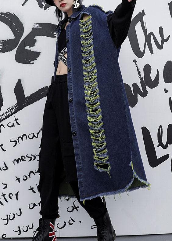 Handmade denim blue patchwork sleeve fine coats women Photography Hollow Out fall coats AT-TCT190923