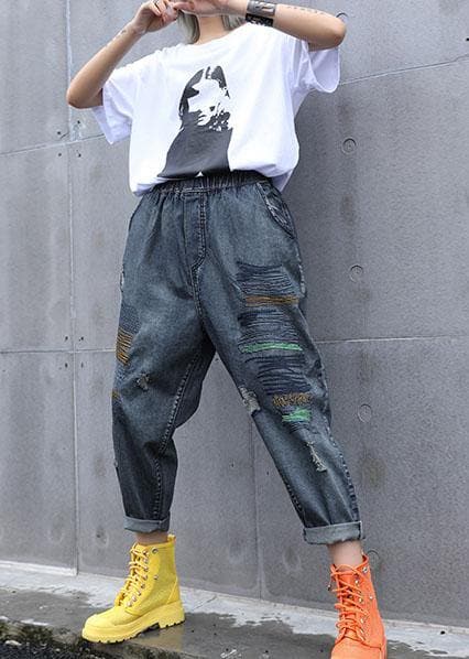 High waist summer nine points embroidery vintage broken hole carrot pants AT-LPTS190717