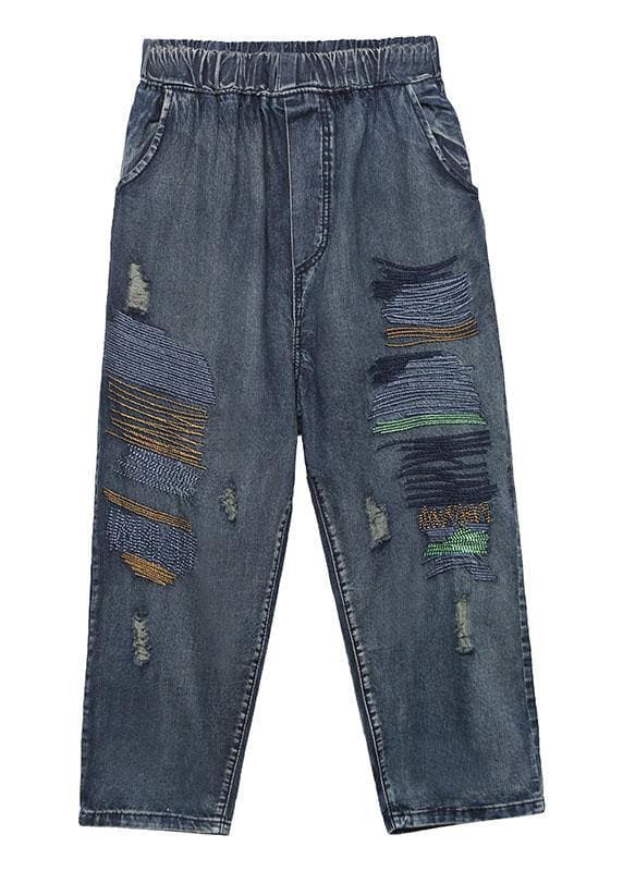 High waist summer nine points embroidery vintage broken hole carrot pants AT-LPTS190717