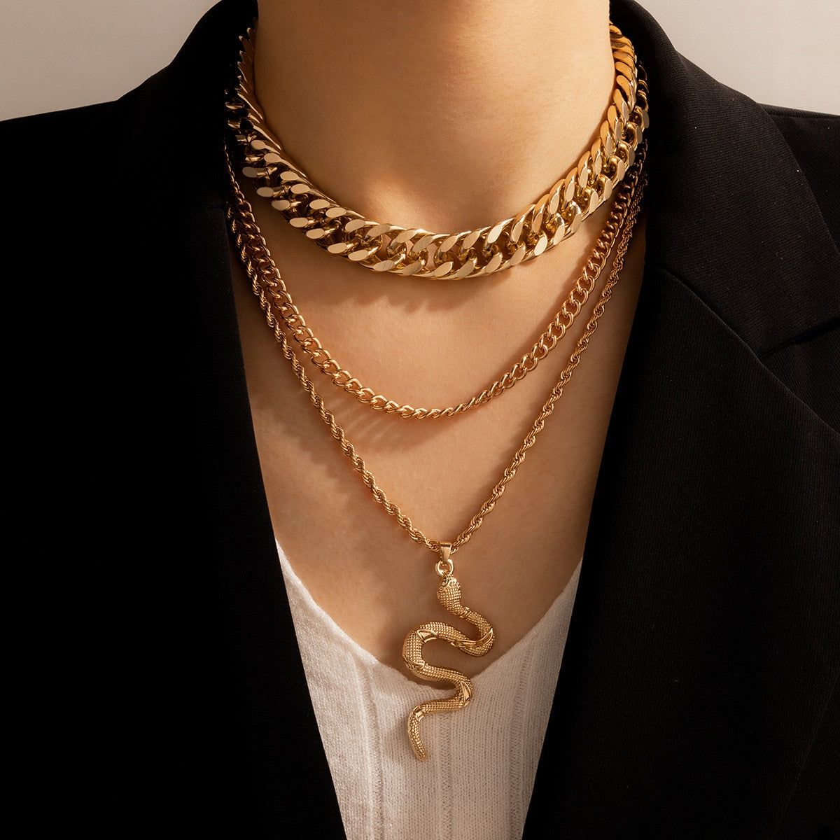 Hip Hop Gold Color Multilayer Snake Pattern Pendant Necklaces Charm Jewelry KOS0344 Touchy Style