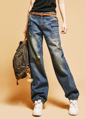 Italian Blue High Waist Hole Pockets Cotton Denim Pants Fall GK-LPTS220830