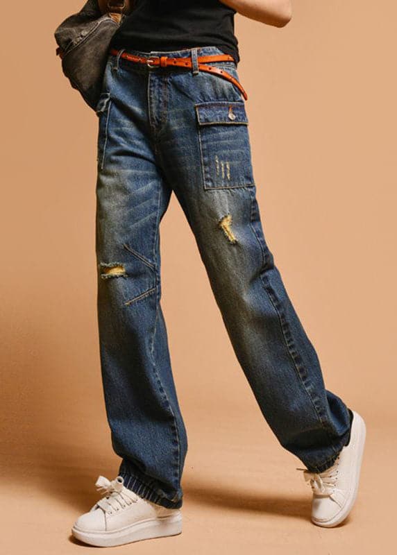 Italian Blue High Waist Hole Pockets Cotton Denim Pants Fall GK-LPTS220830