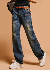 Italian Blue High Waist Hole Pockets Cotton Denim Pants Fall GK-LPTS220830