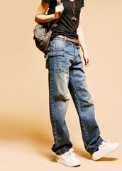 Italian Blue High Waist Hole Pockets Cotton Denim Pants Fall GK-LPTS220830