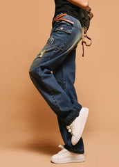 Italian Blue High Waist Hole Pockets Cotton Denim Pants Fall GK-LPTS220830