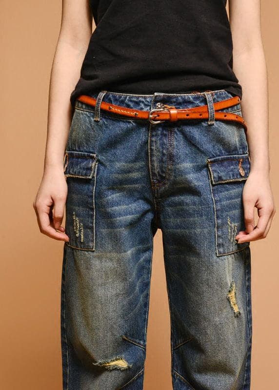 Italian Blue High Waist Hole Pockets Cotton Denim Pants Fall GK-LPTS220830