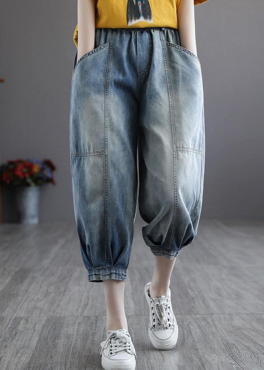 Italian Blue Pockets Elastic Waist Harem Pants denim GK-LPTS210715