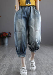 Italian Blue Pockets Elastic Waist Harem Pants denim GK-LPTS210715