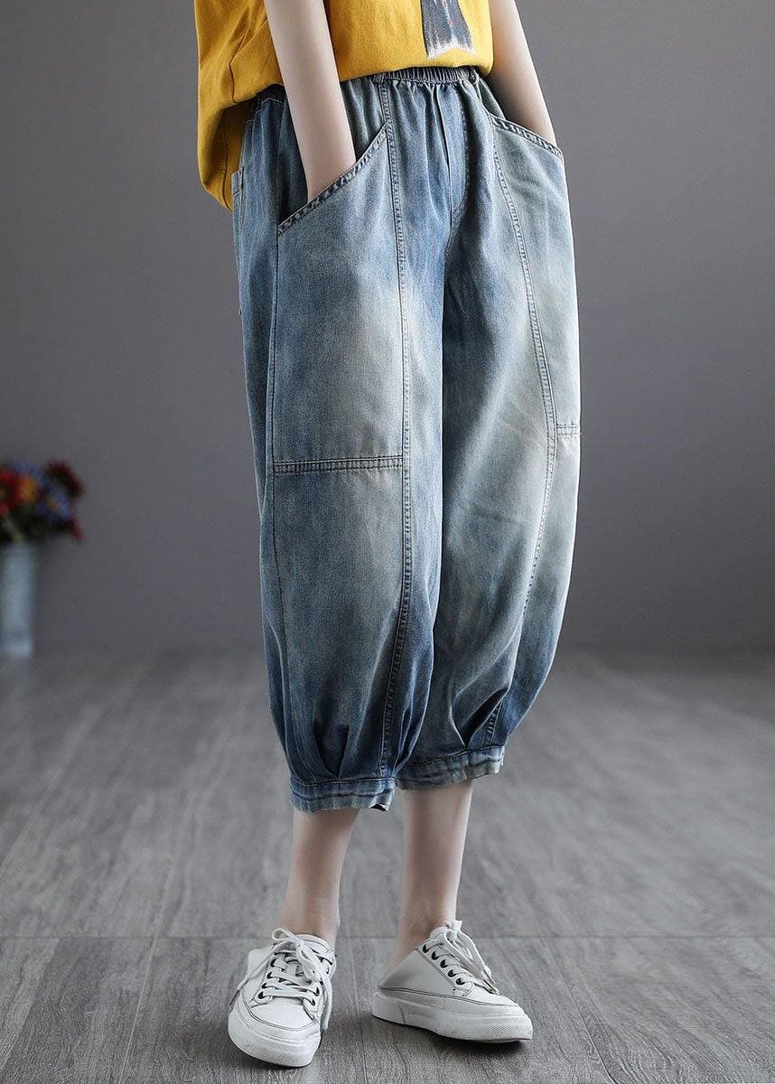 Italian Blue Pockets Elastic Waist Harem Pants denim GK-LPTS210715
