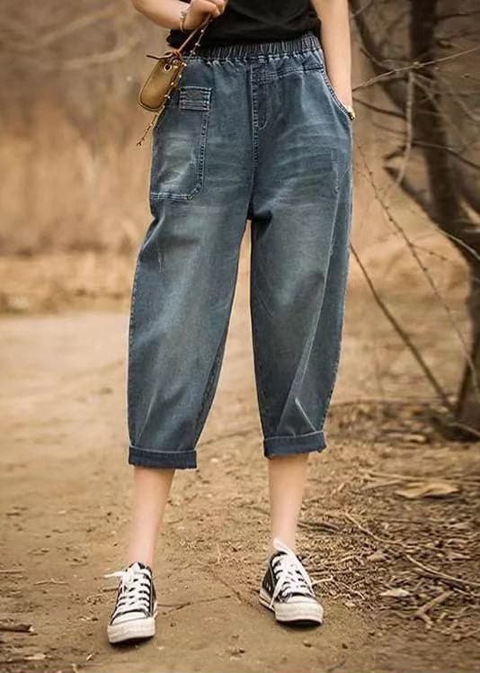 Italian Denim Blue Elastic Waist Asymmetrical Pockets Cotton Crop Pants Summer nz-CPTS220519