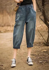 Italian Denim Blue Elastic Waist Asymmetrical Pockets Cotton Crop Pants Summer nz-CPTS220519