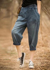 Italian Denim Blue Elastic Waist Asymmetrical Pockets Cotton Crop Pants Summer nz-CPTS220519
