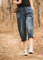 Italian Denim Blue Elastic Waist Asymmetrical Pockets Cotton Crop Pants Summer nz-CPTS220519