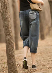 Italian Denim Blue Elastic Waist Asymmetrical Pockets Cotton Crop Pants Summer nz-CPTS220519