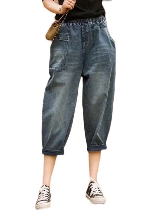 Italian Denim Blue Elastic Waist Asymmetrical Pockets Cotton Crop Pants Summer nz-CPTS220519