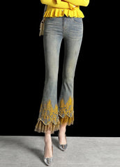 Italian Denim Blue Wraped High Waist Embroideried Pockets Patchwork Tulle Cotton Flare Pants Summer NZ-CPTS22060701