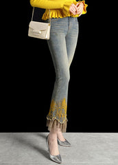 Italian Denim Blue Wraped High Waist Embroideried Pockets Patchwork Tulle Cotton Flare Pants Summer NZ-CPTS22060701