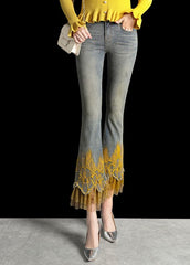 Italian Denim Blue Wraped High Waist Embroideried Pockets Patchwork Tulle Cotton Flare Pants Summer NZ-CPTS22060701