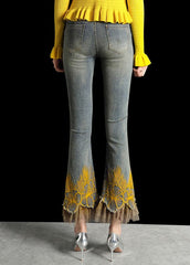Italian Denim Blue Wraped High Waist Embroideried Pockets Patchwork Tulle Cotton Flare Pants Summer NZ-CPTS22060701