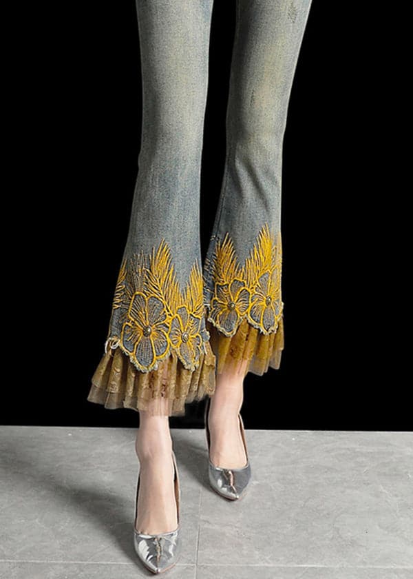 Italian Denim Blue Wraped High Waist Embroideried Pockets Patchwork Tulle Cotton Flare Pants Summer NZ-CPTS22060701