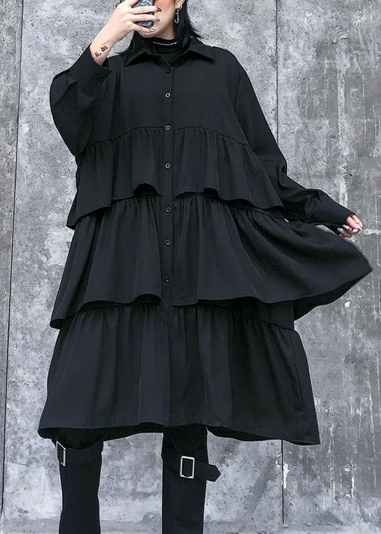 Italian black Cotton quilting clothes spring shift layered ruffles Dresses AT-FDM200120