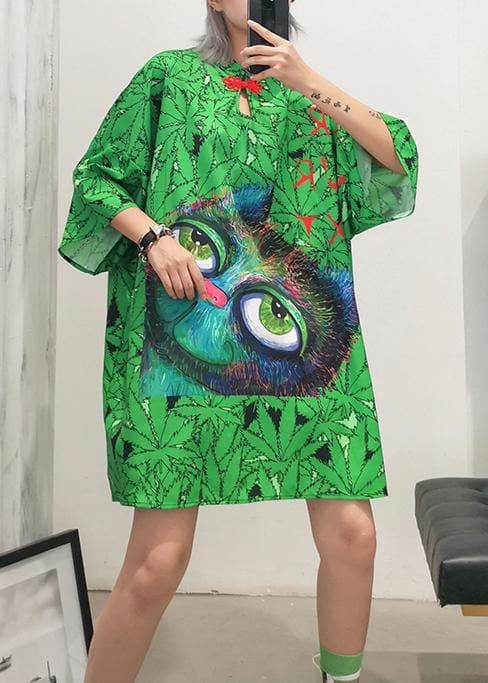 Italian lapel half sleeve Cotton clothes Runway green print Dress summer AT-SDM190614