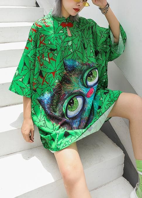 Italian lapel half sleeve Cotton clothes Runway green print Dress summer AT-SDM190614