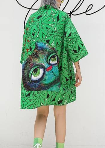 Italian lapel half sleeve Cotton clothes Runway green print Dress summer AT-SDM190614
