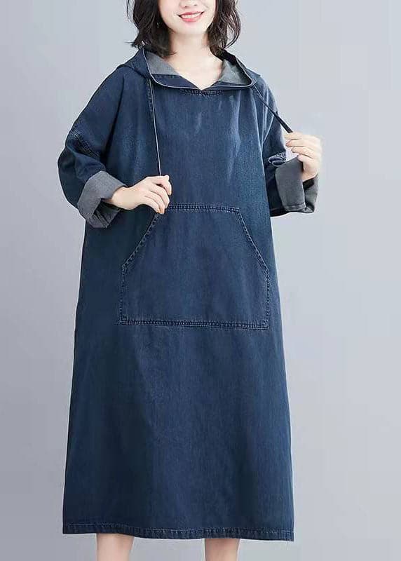 Italian Hooded Pockets Spring Clothes Women Denim Blue Traveling Dresses FDL210124